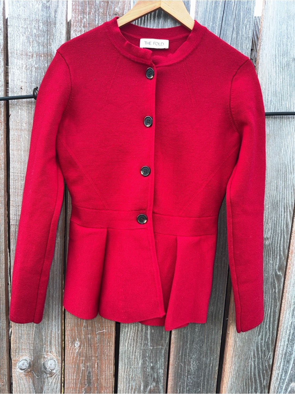 The Fold Cardigan Red Merino Wool Peplum Pleat Button Heavy Knit Size Medium